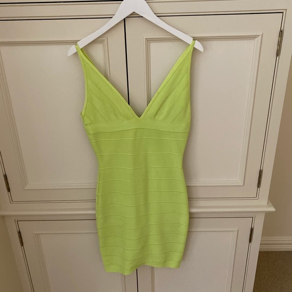 herve leger lime green dress Herve Leger Plunge Neckline Mini Dress - Green Dresses, Clothing - HEV83891